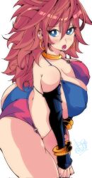 Rule 34 | 1girl, android, android 21, ass, bikini, blue eyes, blush, bracelet, breasts, brown hair, cleavage, covered erect nipples, curvy, dragon ball, dragon ball fighterz, ear piercing, earrings, elbow gloves, female focus, gloves, gold bracelet, gold earrings, highres, hoop earrings, huge ass, huge breasts, jewelry, kinakomochi (user vedc2333), large breasts, long hair, looking at viewer, multicolored bikini, multicolored clothes, open mouth, piercing, signature, solo, standing, swimsuit, thick thighs, thighs, tongue, very long hair, white background