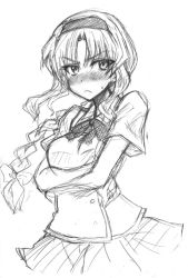 Rule 34 | 1girl, angry, blush, braid, breasts, crossed arms, d-frag!, female focus, hairband, long hair, looking at viewer, monochrome, school uniform, sketch, solo, sweatdrop, takao (d-frag!), white background