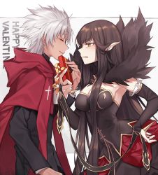 Rule 34 | 1boy, 1girl, absurdly long hair, amakusa shirou (fate), bare shoulders, black dress, black hair, blush, box, breasts, bridal gauntlets, cape, chocolate, commentary request, cross, dark skin, dark-skinned male, detached sleeves, dress, fate/apocrypha, fate/grand order, fate (series), fur trim, gift, gift box, highres, holding, holding gift, large breasts, long dress, long hair, looking at another, pointy ears, ribbon, semiramis (fate), spikes, valentine, very long hair, white hair, wowishi, yellow eyes