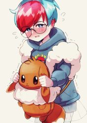 Rule 34 | 1girl, absurdres, backpack, bag, blush, brown bag, commentary request, creatures (company), eevee, flying sweatdrops, game freak, gen 1 pokemon, glasses, highres, hood, hoodie, looking at viewer, multicolored hair, nintendo, open mouth, penny (pokemon), pokemon, pokemon sv, red hair, round eyewear, see-through, see-through skirt, sheyona, shorts, shorts under skirt, shy, skirt, solo, themed object, trembling, two-tone hair