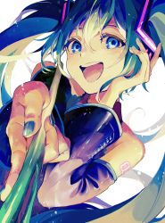 Rule 34 | 1girl, absurdres, aqua hair, armpit crease, bare shoulders, black sleeves, blue eyes, blue nails, blue theme, detached sleeves, eyelashes, fingernails, food, foreshortening, glowing, glowing tattoo, hand on own face, hand up, happy, hatsune miku, highres, holding, holding food, light particles, long hair, looking at viewer, nail polish, nowatari hii, open mouth, outstretched hand, shoulder tattoo, simple background, smile, solo, spring onion, tattoo, teeth, twintails, upper body, upper teeth only, very long hair, vocaloid, white background, wide sleeves