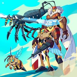 Rule 34 | antennae, bee, bug, digimon, digimon (creature), evolutionary line, highres, insect, lance, original, polearm, weapon, wings