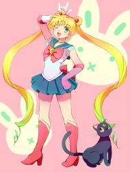 Rule 34 | 1990s (style), 1girl, :d, \m/, bad id, bad pixiv id, bishoujo senshi sailor moon, bishoujo senshi sailor moon (first season), blonde hair, blue eyes, blue sailor collar, blue skirt, boots, bow, brooch, cat, choker, crescent, double bun, elbow gloves, gloves, hair bun, hand on own hip, happy, hip focus, jewelry, knee boots, long hair, luna (sailor moon), magical girl, mame (chamame), one eye closed, open mouth, red bow, retro artstyle, sailor collar, sailor moon, skirt, smile, tiara, tsukino usagi, twintails, very long hair, white gloves, wink