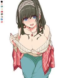 Rule 34 | 1girl, black hair, blue eyes, breasts, cleavage, color guide, hairband, idolmaster, idolmaster cinderella girls, jewelry, large breasts, leaning forward, limited palette, looking at viewer, off-shoulder sweater, off shoulder, pendant, ribbed sweater, sagisawa fumika, skirt, smile, solo, sweater, toriga naku, white background, white sweater