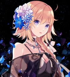 Rule 34 | 1girl, ahoge, alternate costume, bare shoulders, blonde hair, blue eyes, blue flower, braid, breasts, cleavage, commentary request, fate/grand order, fate (series), flower, hair flower, hair ornament, hiyunagi, jeanne d&#039;arc (fate), jeanne d&#039;arc (formal dress) (fate), jeanne d&#039;arc (ruler) (fate), jewelry, large breasts, long hair, looking at viewer, necklace, see-through, short hair with long locks, single braid, solo