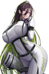 1girl absurdres arms_behind_back black_hair bodysuit bound bound_arms breasts chain contrapposto covered_navel cowboy_shot cuffs goddess_of_victory:_nikke green_hair guilty_(nikke) hair_behind_ear highres huge_breasts kurone_rinka long_hair multicolored_hair parted_lips purple_eyes restrained shackles skin_tight solo straitjacket two-tone_hair very_long_hair white_bodysuit