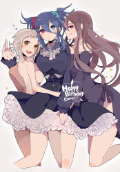 Rule 34 | 3girls, :d, artist name, back, black dress, black shirt, black skirt, blue eyes, blue hair, blue scrunchie, blush, borrowed character, breasts, brown hair, chon (chon33v), dated, dress, frills, girl sandwich, grey hair, hair between eyes, hair ornament, hairclip, happy birthday, heterochromia, highres, licking lips, long hair, long sleeves, looking at viewer, looking back, multiple girls, neck ribbon, nude, open mouth, original, petticoat, red eyes, red scrunchie, ribbon, sandwiched, scrunchie, shirt, short hair, short twintails, side slit, sideboob, sidelocks, skirt, smile, star (symbol), stitches, tongue, tongue out, twintails, white neckwear, yellow eyes