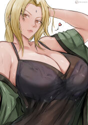 Rule 34 | 1girl, absurdres, black camisole, blonde hair, bra visible through clothes, breasts, camisole, cleavage, facial mark, forehead mark, heart, highres, huge breasts, long hair, looking at viewer, mature female, naruto, naruto (series), orange eyes, solo, tsunade (naruto), wet, white background, zon lee sean