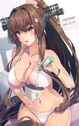 Rule 34 | 1girl, artist name, bikini, blush, breasts, brown eyes, brown hair, cherry blossoms, dated, flower, hair flower, hair ornament, headgear, highres, himeyamato, kantai collection, large breasts, long hair, open mouth, ponytail, ramune, sexually suggestive, shell casing, solo, swimsuit, white bikini, yamato (kancolle), yamato kai ni (kancolle)