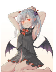 Rule 34 | 1girl, armpits, arms behind head, arms up, bare arms, bare legs, bare shoulders, barefoot, black dress, bow, bowtie, closed mouth, demon wings, do2mi doreimi, dress, fang, frills, glowing, glowing eyes, hair ornament, highres, indie virtual youtuber, long hair, looking at viewer, midriff peek, no panties, orange eyes, original, pointy ears, red bow, red bowtie, sidelocks, silver hair, sitting, sleeveless, sleeveless dress, slit pupils, smile, solo, thighs, twintails, virtual youtuber, wing collar, wings