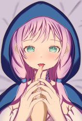 Rule 34 | 1girl, 1other, absurdres, aqua eyes, arknights, blue jacket, blue poison (arknights), eyelashes, highres, holding hands, hood, hooded jacket, jacket, licking another&#039;s finger, looking at viewer, momomomoko24, nail polish, pink hair, pink nails, saliva, solo focus, tongue, tongue out, twintails