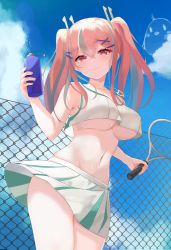 Rule 34 | 1girl, absurdres, azur lane, bare shoulders, blue sky, blush, bottle, breasts, bremerton (azur lane), bremerton (scorching-hot training) (azur lane), cameo, chain-link fence, cloud, commentary, cowboy shot, crop top, crop top overhang, crossed bangs, day, fence, glint, green skirt, grey hair, groin, hair between eyes, hair ornament, hairclip, head tilt, heart, heart necklace, highres, holding, holding bottle, holding racket, jewelry, kano (wi3028), large breasts, long hair, looking at viewer, manjuu (azur lane), midriff, multicolored hair, navel, necklace, no mole, outdoors, pink eyes, pink hair, racket, shirt, sidelocks, skirt, sky, sleeveless, sleeveless shirt, smile, solo, sportswear, standing, streaked hair, sweat, tennis racket, tennis uniform, twintails, two-tone hair, two-tone shirt, two-tone skirt, underboob, water bottle, water drop, white shirt, white skirt, wind, wind lift, x hair ornament