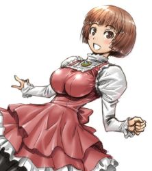 Rule 34 | 1girl, amania orz, blush, breasts, brown eyes, brown hair, dress, gundam, large breasts, long sleeves, looking at viewer, open mouth, pantyhose, short hair, simple background, smile, sochie heim, solo, turn a gundam, white background