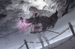 Rule 34 | 1girl, arknights, black gloves, black jacket, brown eyes, closed mouth, cloud, cloudy sky, dutch angle, feet out of frame, gloves, gun, hair ornament, holding, holding lantern, irene (arknights), jacket, lantern, layered skirt, light, light particles, long hair, looking at viewer, mlcc 3190969461, outdoors, pantyhose, purple skirt, railing, rain, rapier, scar, scar across eye, scar on face, silver hair, skirt, sky, solo, standing, sword, weapon, white pantyhose, white skirt