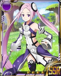 Rule 34 | 10s, 1girl, black thighhighs, card (medium), character request, day, detached sleeves, flat chest, grass, holding, holding sword, holding weapon, long hair, outdoors, pink hair, purple eyes, sky, solo, star (symbol), sword, sword art online, thighhighs, twintails, very long hair, weapon