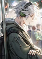 Rule 34 | 1boy, 3others, aguaaaaa4, ahoge, alhaitham (genshin impact), backpack, bag, black bag, blurry, blurry background, cable, chinese commentary, closed mouth, commentary request, contemporary, expressionless, eyelashes, genshin impact, green eyes, grey hair, grey hoodie, hair between eyes, headphones, hood, hood down, hoodie, lens flare, light particles, long sleeves, male focus, multiple others, parted bangs, pole, profile, short hair, sidelocks, solo focus, train interior, upper body, zipper, zipper pull tab