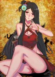 Rule 34 | 1girl, bad id, bad pixiv id, bangle, bare legs, black hair, blush, bracelet, breasts, cameltoe, chinese clothes, cleavage, cleavage cutout, clothing cutout, comb, detached sleeves, dudou, covered erect nipples, flower, hair flower, hair ornament, jewelry, kanzashi, legs, long hair, nail polish, original, red eyes, satori0121, very long hair