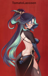 Rule 34 | 1girl, aqua eyes, aqua lips, ass, backless dress, backless outfit, black hair, breasts, butt crack, chinese hairpin, cloud retainer (genshin impact), colored inner hair, dress, earrings, from side, genshin impact, glasses, gloves, green hair, hair ornament, highres, jewelry, large breasts, long hair, looking at viewer, multicolored hair, red-framed eyewear, semi-rimless eyewear, solo, tassel, tassel earrings, tomatolacoon, two-tone hair, very long hair, xianyun (genshin impact)