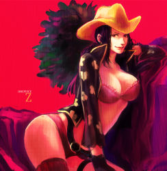 Rule 34 | 1girl, bad id, bad pixiv id, belt, black hair, bra, breasts, cleavage, cowboy hat, hat, large breasts, nico robin, one piece, one piece film: z, red bra, red thighhighs, smile, solo, thighhighs, tsuyomaru, underwear