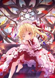 Rule 34 | 1girl, alternate color, ankle cuffs, arms on knees, barefoot, blonde hair, bloomers, blouse, blue sky, blurry, candle, cloud, crossed arms, crystal, day, depth of field, flandre scarlet, foot out of frame, hat, hat ribbon, head on arm, head tilt, indoors, knees up, leg lift, lens flare, looking at viewer, mob cap, nyanya, one eye closed, petals, petticoat, pink hat, pink shirt, pink skirt, puffy short sleeves, puffy sleeves, ribbon, round window, shirt, short hair, short sleeves, side ponytail, skirt, sky, smile, solo, touhou, twitter username, underwear, window, wings