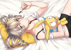 Rule 34 | 1girl, bare shoulders, bed, bronya zaychik, brown shorts, controller, doll, drill hair, female focus, food, food on face, full body, grey eyes, grey hair, hair between eyes, hair ornament, handheld game console, highres, holding, holding food, homu (honkai impact), honkai (series), honkai impact 3rd, looking at viewer, lying, hugging object, on back, pillow, playstation portable, pocky, ru0m6, shirt, short sleeves, shorts, simple background, solo, twin drills, white background, white shirt