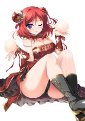 Rule 34 | 10s, 1girl, :p, ;p, ass, baozi, bare shoulders, black panties, blush, boots, breasts, bun cover, chinese clothes, cleavage, curvy, detached sleeves, double bun, food, hair bun, heart, heart-shaped pupils, large breasts, looking at viewer, love live!, love live! school idol festival, love live! school idol project, ninoko, nishikino maki, one eye closed, panties, pantyshot, purple eyes, red hair, short hair, simple background, single thighhigh, sitting, smile, solo, striped clothes, striped thighhighs, symbol-shaped pupils, thighhighs, tongue, tongue out, underwear, vertical-striped clothes, vertical-striped thighhighs, wide hips