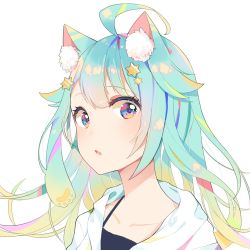 Rule 34 | 1girl, ahoge, animal ear fluff, animal ears, aqua hair, bad id, bad pixiv id, black camisole, blue eyes, blush, camisole, cat ears, fang, hair between eyes, hair ornament, highres, hood, hood down, hooded jacket, jacket, long hair, looking at viewer, mao ge, multicolored eyes, open clothes, open jacket, original, parted lips, pink eyes, simple background, solo, star (symbol), star hair ornament, upper body, white background, white jacket