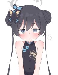 Rule 34 | 1girl, :t, puff of air, black hair, blue archive, butterfly hair ornament, china dress, chinese clothes, collarbone, double bun, dragon print, dress, grey halo, hair bun, hair ornament, halo, jitome, kisaki (blue archive), long hair, looking at viewer, nihohohi, pout, print dress, simple background, solo, straight-on, twintails, upper body, white background