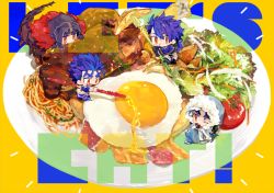 Rule 34 | bacon, blue hair, chibi, chicken (food), cu chulainn (caster) (fate), cu chulainn (fate), cu chulainn (fate) (all), cu chulainn (fate/prototype), cu chulainn (fate/stay night), cu chulainn alter (fate), cu chulainn alter (fate/grand order), eating, egg (food), english text, fate/grand order, fate (series), food, fried chicken, gae bolg (fate), hood, in food, lancer, lettuce, male focus, meat, mini person, miniboy, multiple persona, pasta, poking, polearm, ponytail, red eyes, salad, spaghetti, spear, sunny side up egg, tail, tatsuta age, tomato, weapon