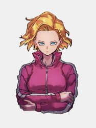 Rule 34 | 1girl, android 18, blonde hair, blue eyes, crossed arms, dragon ball, dragon ball super, earrings, grey background, jacket, jewelry, kemachiku, long sleeves, looking at viewer, pink jacket, short hair, simple background, solo, track jacket, upper body