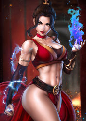 Rule 34 | 1girl, abs, avatar: the last airbender, avatar legends, azula, bare shoulders, blue electricity, blue fire, breasts, dandon fuga, electricity, energy, female focus, fire, highres, large breasts, looking at viewer, solo