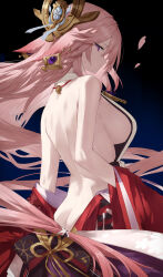Rule 34 | 1girl, absurdres, akitaka akita, animal ears, ass, back, backless outfit, bare shoulders, breasts, butt crack, fox ears, genshin impact, highres, large breasts, long hair, looking at viewer, looking back, off shoulder, pink hair, purple eyes, solo, yae miko