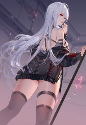 Rule 34 | 1girl, bare shoulders, black jacket, black thighhighs, closers, from behind, highres, jacket, jewelry, long hair, long sleeves, looking at viewer, looking back, mirae (closers), o-ring, off shoulder, open mouth, purple eyes, ring, solo, standing, swd3e2, thigh strap, thighhighs, thighs, white hair