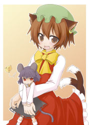 Rule 34 | 2girls, animal ears, brown eyes, brown hair, cat ears, cat girl, cat tail, cheese, chen, earrings, female focus, food, grey hair, hat, jewelry, kou (pixiv51406), mini person, minigirl, mouse ears, mouse tail, multiple girls, multiple tails, nazrin, red eyes, short hair, tail, takami ryou, touhou