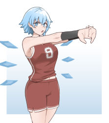 Rule 34 | 1girl, aged up, alternate costume, armpits, basketball uniform, black wristband, blue eyes, blue hair, breasts, cirno, detached wings, highres, ice, ice wings, interlocked fingers, mata (matasoup), medium breasts, midriff, midriff peek, narrow waist, navel, outstretched arms, own hands together, red shorts, red tank top, short hair, shorts, solo, sportswear, stretching, sweat, tank top, tomboy, touhou, wings