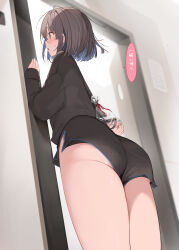 Rule 34 | 1girl, absurdres, arm behind back, ass, black shirt, black shorts, blue eyes, blue hair, blue nails, blush, brown hair, doorway, from behind, from below, gift, highres, holding, holding gift, indoors, long sleeves, multicolored hair, nail polish, open mouth, original, profile, shin no tenpii, shirt, short hair, short shorts, shorts, sleeves past wrists, solo, speech bubble, standing, thighs, translation request, two-tone hair, valentine