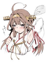Rule 34 | 10s, 1girl, ahoge, arm behind head, armpits, blush, breasts, brown hair, collarbone, detached sleeves, double bun, embarrassed, hair bun, headgear, kantai collection, kongou (kancolle), long hair, medium breasts, nontraditional miko, out of frame, purple eyes, remodel (kantai collection), sketch, solo focus, translation request, tsukineko, upper body