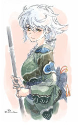 Rule 34 | 1girl, alternate costume, asymmetrical hair, braid, broom, from side, furisode, hair between eyes, japanese clothes, jitome, kantai collection, kimono, long hair, looking at viewer, parted lips, pink background, silver hair, simple background, single braid, solo, suzumaru, unryuu (kancolle), upper body, very long hair, wavy hair