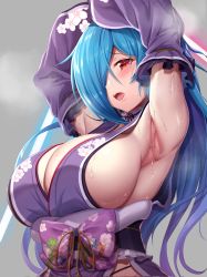 Rule 34 | .live, 1girl, armpits, arms up, biro-budou, blue hair, breasts, cleavage, collar, dress, dripping, hair over one eye, highres, huge breasts, japanese clothes, kimono, one eye covered, open mouth, red eyes, side slit, sleeveless, sleeveless dress, solo, sweat, sweatdrop, undressing, upper body, virtual youtuber, wet, yamato iori