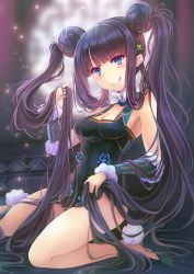 Rule 34 | 1girl, bare shoulders, black dress, black footwear, blue eyes, blunt bangs, blurry, blurry background, blush, breasts, china dress, chinese clothes, cleavage, closed mouth, detached sleeves, double bun, dress, fate/grand order, fate (series), goushou, hair bun, hair ornament, high heels, holding, holding hair, leaf hair ornament, licking lips, long hair, looking at viewer, medium breasts, purple hair, side slit, sidelocks, sitting, smile, solo, thighs, tongue, tongue out, twintails, very long hair, wariza, window, yang guifei (fate)