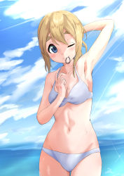 Rule 34 | 1girl, absurdres, bikini, blonde hair, blue eyes, blue sky, breasts, cleavage, cloud, commentary request, cowboy shot, day, highres, k-on!, kotobuki tsumugi, light rays, long hair, looking at viewer, medium breasts, mimi (mimi ganbaruzo), mouth hold, outdoors, rubber band, sky, solo, standing, sunbeam, sunlight, swimsuit, thick eyebrows, white bikini