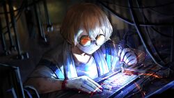 Rule 34 | 1boy, bandaid, bandaid on arm, bandaid on cheek, bandaid on face, blonde hair, blue overalls, game cg, gloves, goggles, highres, limbus company, nai ga, official art, overalls, project moon, shirt, short hair, sinclair (project moon), solo, t-shirt, tools, towel, towel around neck, welding, white gloves, white shirt, wrench, yellow eyes