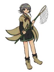 Rule 34 | 1other, androgynous, ascot, black socks, brown ascot, butterfly net, closed mouth, coat, green shorts, green trim, grey eyes, grey hair, hand net, holding, holding butterfly net, houlen yabusame, layered sleeves, len&#039;en, long sleeves, other focus, short hair with long locks, short over long sleeves, short sleeves, shorts, simple background, smile, socks, solo, white background, wings-of-magritte, yellow coat, yellow footwear