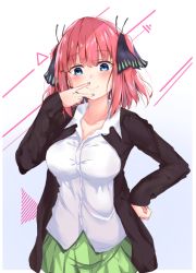 Rule 34 | 1girl, arm up, black cardigan, black ribbon, blue eyes, blunt bangs, blush, breasts, butterfly hair ornament, cardigan, cleavage, collarbone, go-toubun no hanayome, gradient background, green skirt, hair ornament, hand on own face, hand on own hip, hitakami, large breasts, multicolored nails, nail polish, nakano nino, open cardigan, open clothes, pink hair, ribbon, simple background, skirt, sleeves past wrists, smile, twintails, v