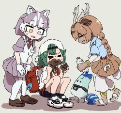 Rule 34 | &gt; &lt;, 3girls, adapted costume, animal ears, antlers, axis deer (kemono friends), backpack, bag, baggy pants, baseball cap, blue eyes, bottle, braid, braided ponytail, brown hair, chibi, child, dark-skinned female, dark skin, deer antlers, deer ears, deer girl, deer tail, dirty, dirty face, dirty hands, disgust, dog (mixed breed) (kemono friends), dog ears, dog girl, dog tail, extra ears, facing another, full body, gloves, green hair, grey hair, hat, heterochromia, highres, holding, holding bottle, horns, kemono friends, layered sleeves, leaning forward, long hair, long sleeves, looking at another, low-tied long hair, low ponytail, lucky beast (kemono friends), medium hair, mud, multicolored hair, multiple girls, necktie, open mouth, pants, pants under skirt, pantyhose, plastic bottle, ponytail, sandals, shirt, shoes, short over long sleeves, short sleeves, shorts, single braid, sketch, skirt, smile, squatting, standing, sweater vest, t-shirt, tail, tani20200417, tearing up, tongue, tongue out, two-tone hair, v-shaped eyebrows, very long hair, white hair, worried, yellow eyes