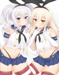 Rule 34 | 2girls, :q, absurdres, bare shoulders, black hairband, blonde hair, blue eyes, blue skirt, blush, breasts, closed mouth, commentary request, cosplay, elbow gloves, gloves, grey background, hairband, highres, horizontal-striped legwear, index finger raised, kantai collection, kashima (kancolle), large breasts, long hair, looking at viewer, midriff, multiple girls, navel, rokita, shimakaze (kancolle), shimakaze (kancolle) (cosplay), silver hair, simple background, skirt, small breasts, smile, striped clothes, striped legwear, striped thighhighs, thick thighs, thighhighs, thighs, tongue, tongue out, twintails, white gloves, yellow eyes