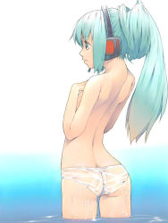 Rule 34 | 1girl, akinbo (hyouka fuyou), aqua eyes, aqua hair, arched back, ass, back, blue eyes, blue hair, butt crack, hatsune miku, headset, long hair, matching hair/eyes, panties, panties only, see-through, solo, topless, underwear, underwear only, vocaloid, water, wet