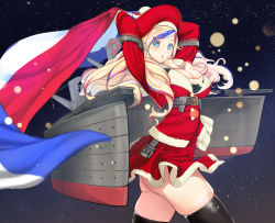 Rule 34 | 10s, 1girl, alternate costume, ass, black thighhighs, blonde hair, blue eyes, blue hair, boots, breasts, catapult, commandant teste (kancolle), dress, french flag, hat, highres, kantai collection, large breasts, long hair, long sleeves, looking at viewer, machinery, matching hair/eyes, moon, multiple tails, night, night sky, open mouth, red dress, red hair, red hat, santa boots, sky, solo, tail, thighhighs, twisted torso, underbust, untue, white hair