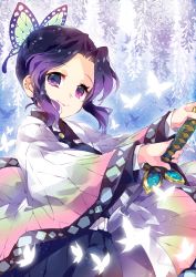 Rule 34 | 1girl, black hair, black jacket, black skirt, butterfly hair ornament, closed mouth, commentary request, ech, gradient hair, hair ornament, holding, holding sword, holding weapon, jacket, katana, kimetsu no yaiba, kochou shinobu, long sleeves, multicolored hair, open clothes, parted bangs, pleated skirt, purple eyes, purple hair, sheath, sidelocks, skirt, smile, solo, sword, two-handed, unsheathing, weapon, wide sleeves