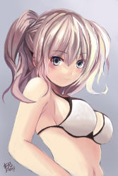 Rule 34 | 10s, 1girl, alternate costume, artist name, bare shoulders, bikini, blue eyes, bra, breasts, commentary request, eyebrows, grey background, kantai collection, kashima (kancolle), large breasts, looking at viewer, navel, sideboob, silver hair, simple background, solo, swimsuit, underwear, wavy hair, white bikini, white bra, yanagi wakana
